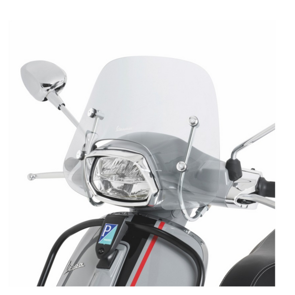 Vespa Sprint Transparent Fly-Screen   Clear fly-screen in superior quality impact-resistant methacrylate. This medium sized shield offers effective protection and complements the style of the vehicle.  cod. 1B001027