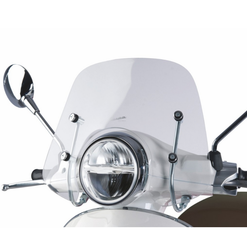 Vespa Primavera Transparent Fly-screen     Clear flyscreen in superior quality impact-resistant methacrylate. This medium-sized shield offers effective protection and complements the style of the vehicle.  cod. 1B000811